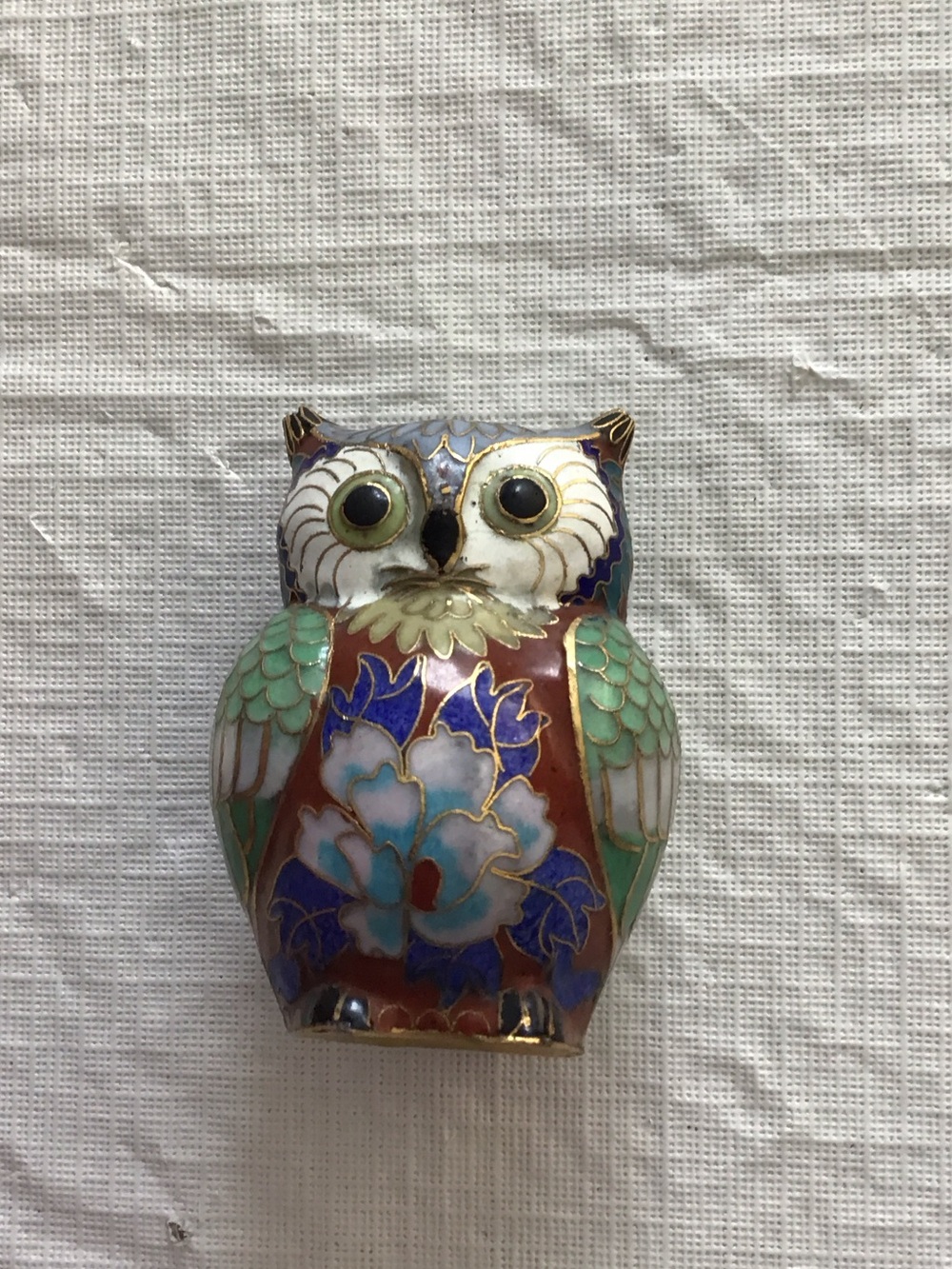 Vintage Chinese Cloisonné Owl, Enamel colorful pattern. #175